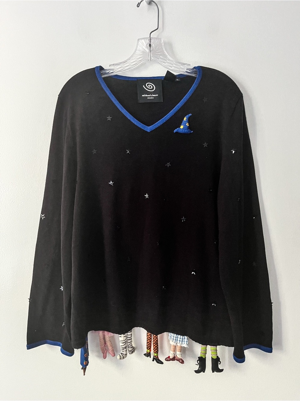 Vntg Michael Simon Event Halloween Witch Black Stars Novelty Sweater XL READ